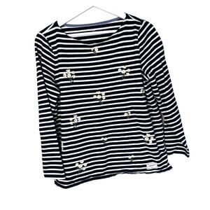 Talbots Authentic TeeTop Large Petite Blue Striped Embroidered Daisy Floral‎